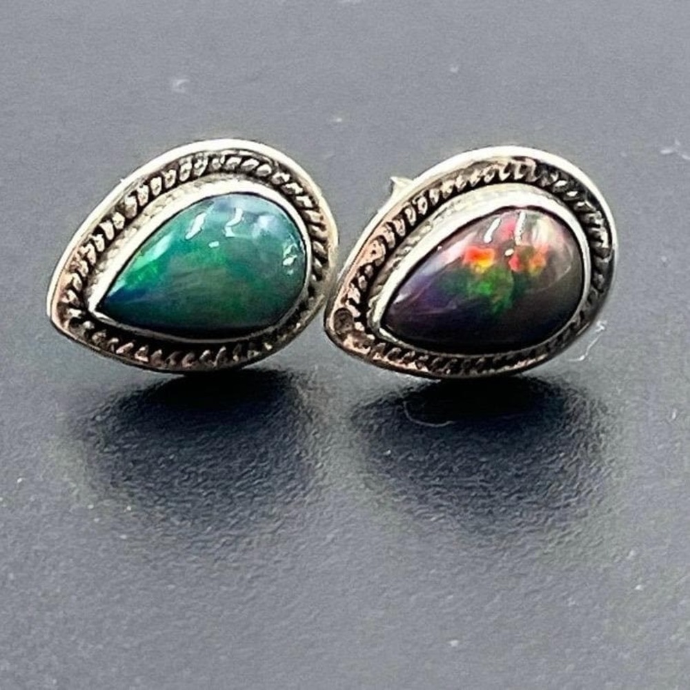 Vintage Sterling Silver Natural Dark Opal Stud Earrings Rope Border 13mm Pair